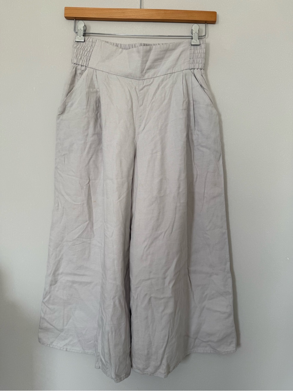Wide-Leg Smocked Waist Pants Culottes Light Gray Lyocell Linen Women size L